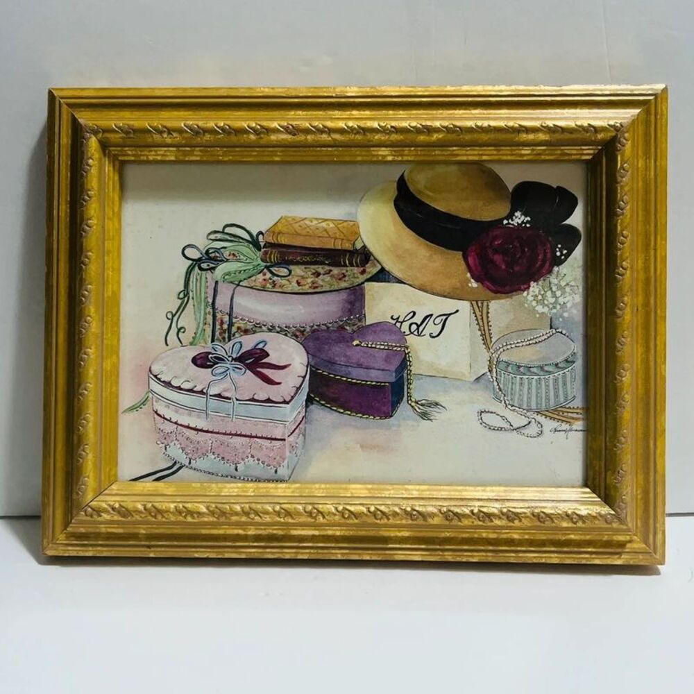American Artist Peggy Abrams Framed Hat Box Watercolor Print